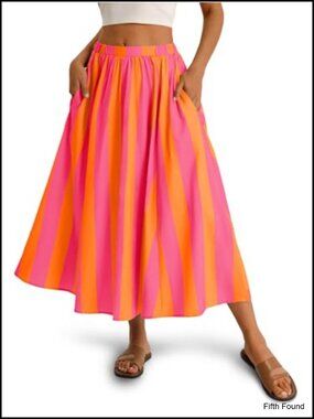 Womens Striped A-Line Maxi Skirt Elastic Waist Flowy Boho Summer Skirt